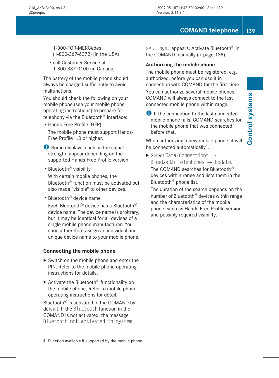 Control systems, Comand telephone | Mercedes-Benz CL-Class 2010 Owners Manual User Manual | Page 141 / 500