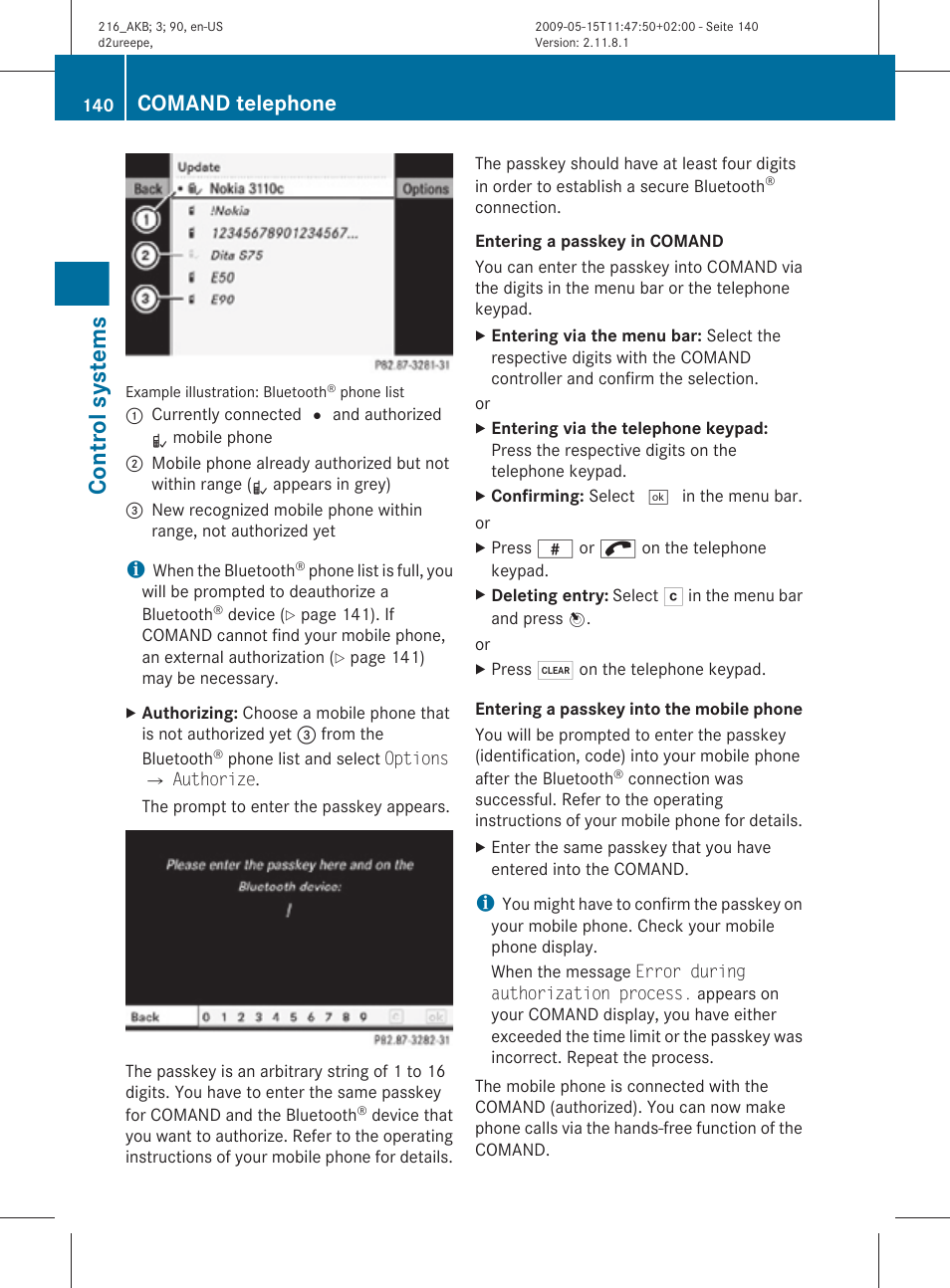 Control systems, Comand telephone | Mercedes-Benz CL-Class 2010 Owners Manual User Manual | Page 142 / 500