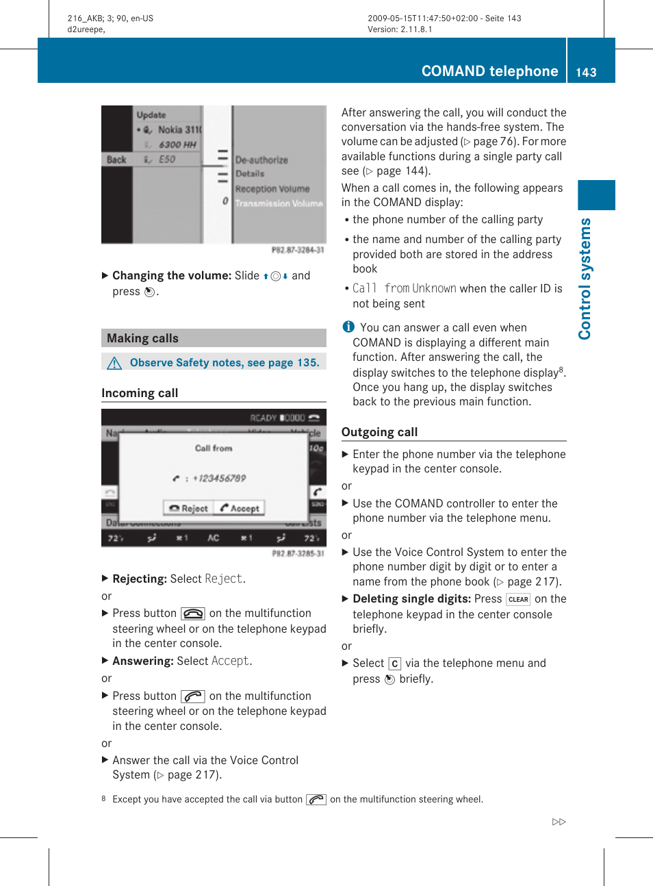 Making calls, Control systems, Comand telephone | Mercedes-Benz CL-Class 2010 Owners Manual User Manual | Page 145 / 500