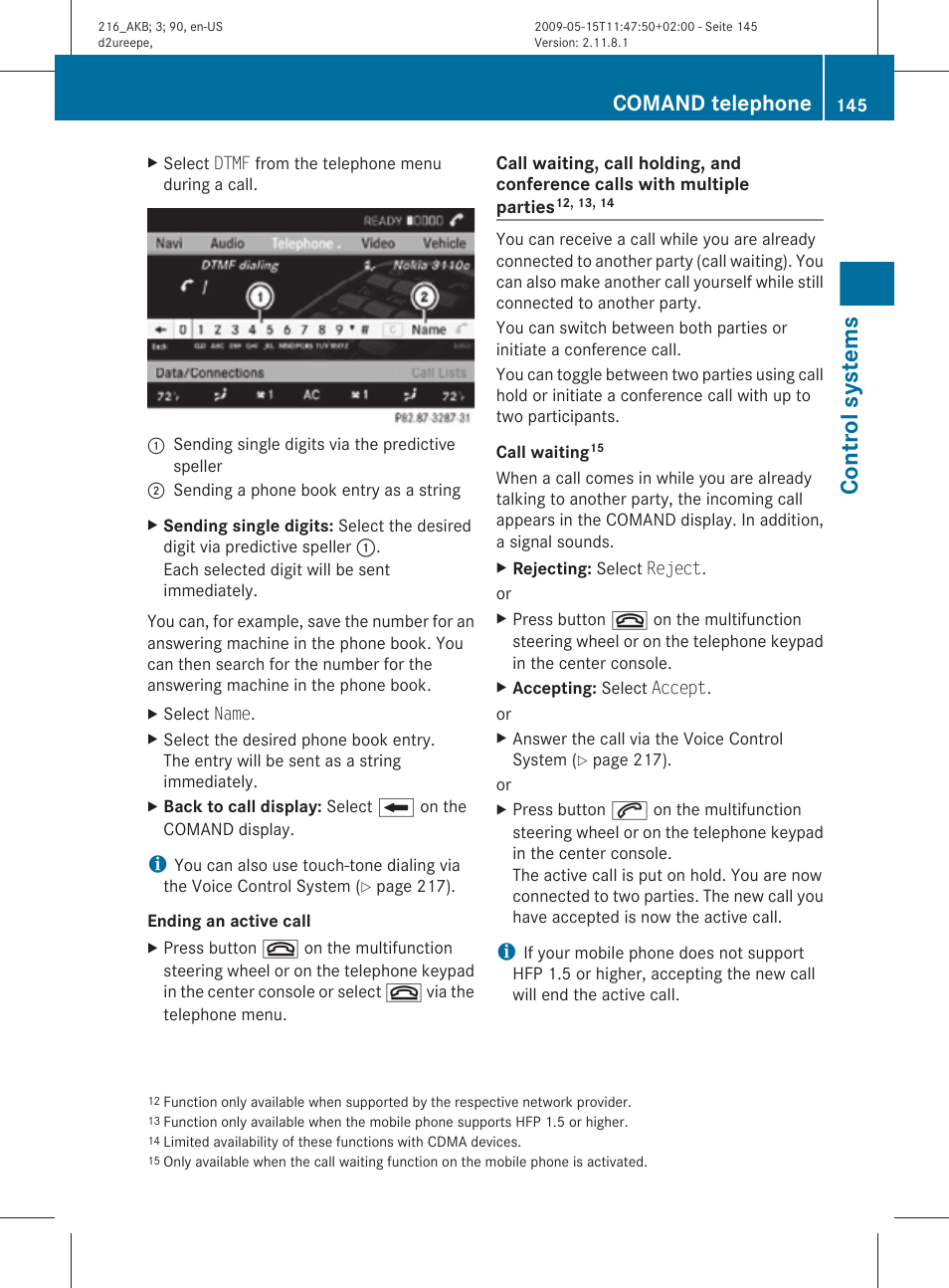 Control systems, Comand telephone | Mercedes-Benz CL-Class 2010 Owners Manual User Manual | Page 147 / 500