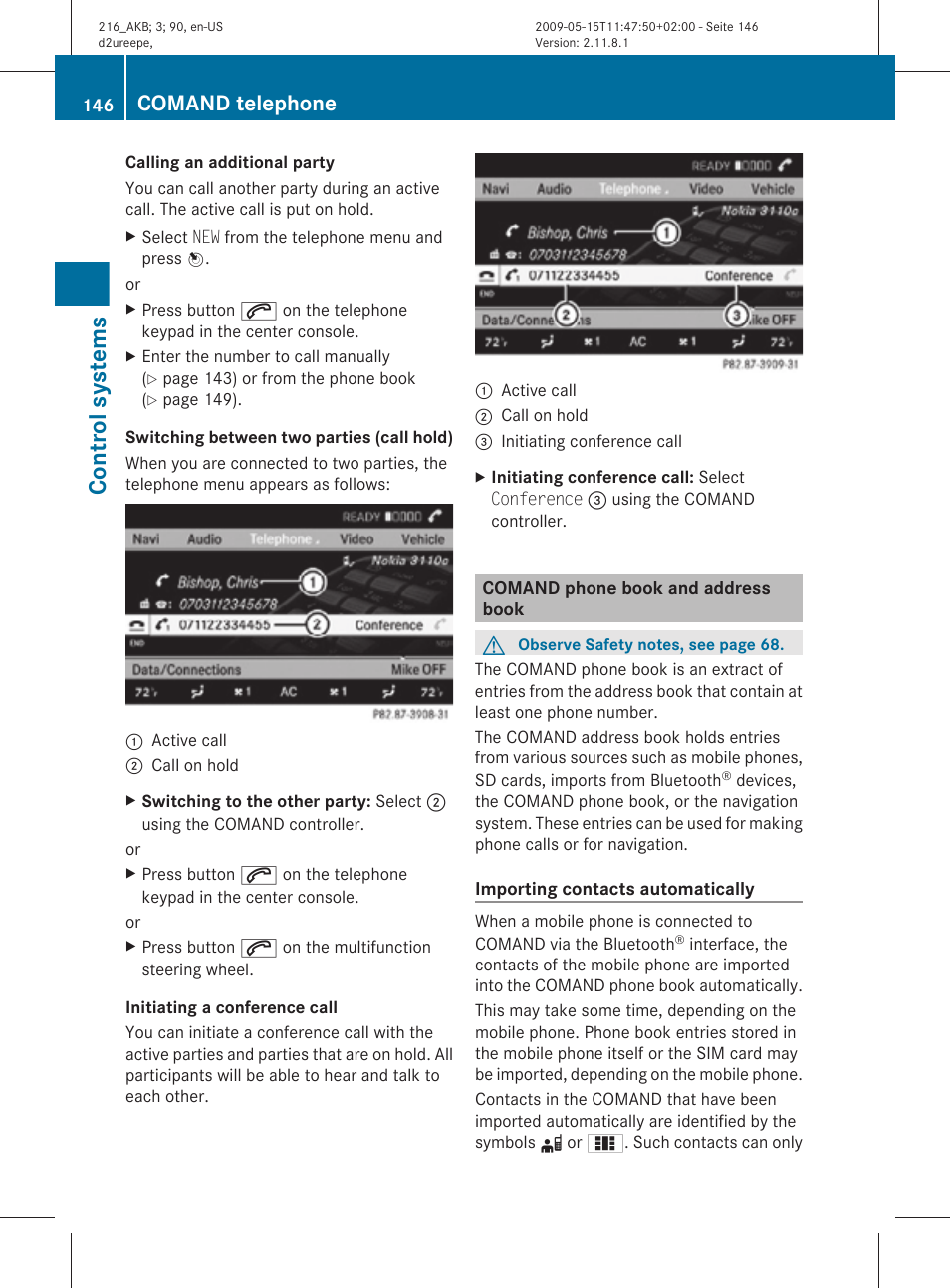 Comand phone book and address book, Control systems, Comand telephone | Mercedes-Benz CL-Class 2010 Owners Manual User Manual | Page 148 / 500
