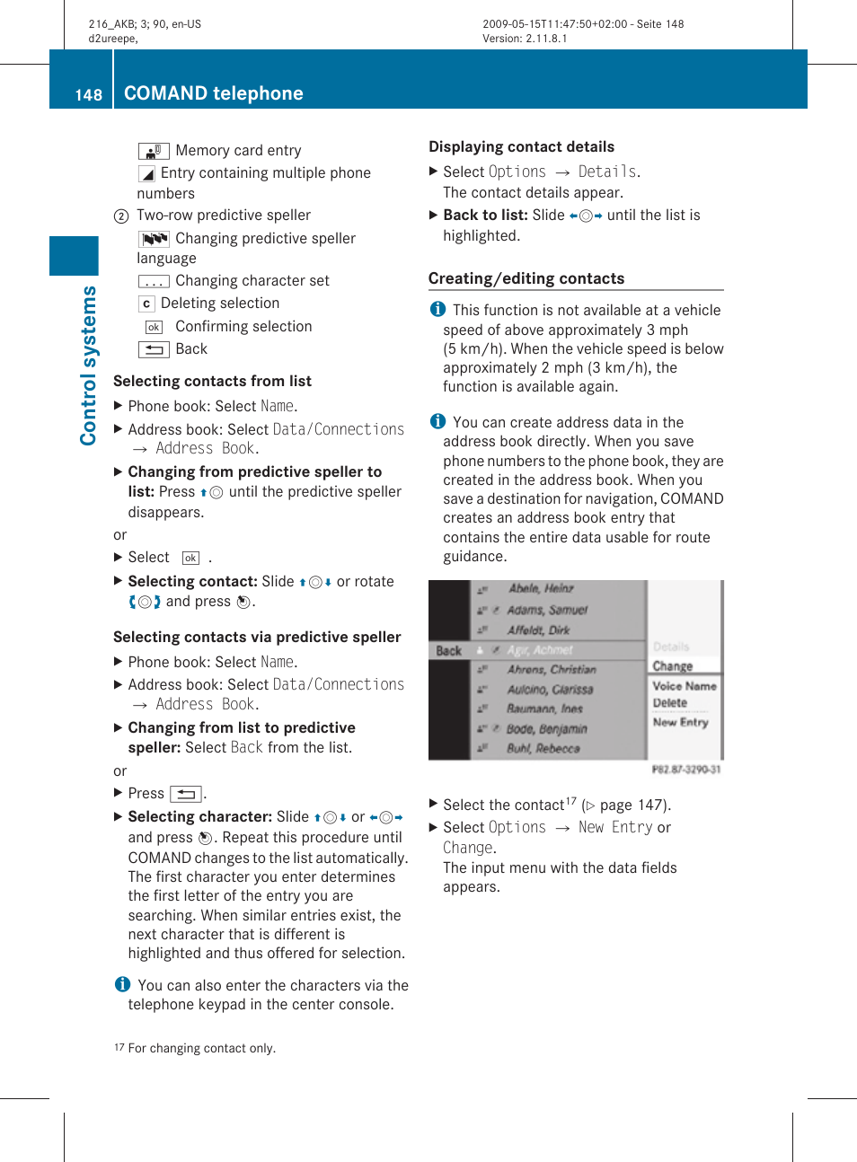 Section, Control systems, Comand telephone | Mercedes-Benz CL-Class 2010 Owners Manual User Manual | Page 150 / 500