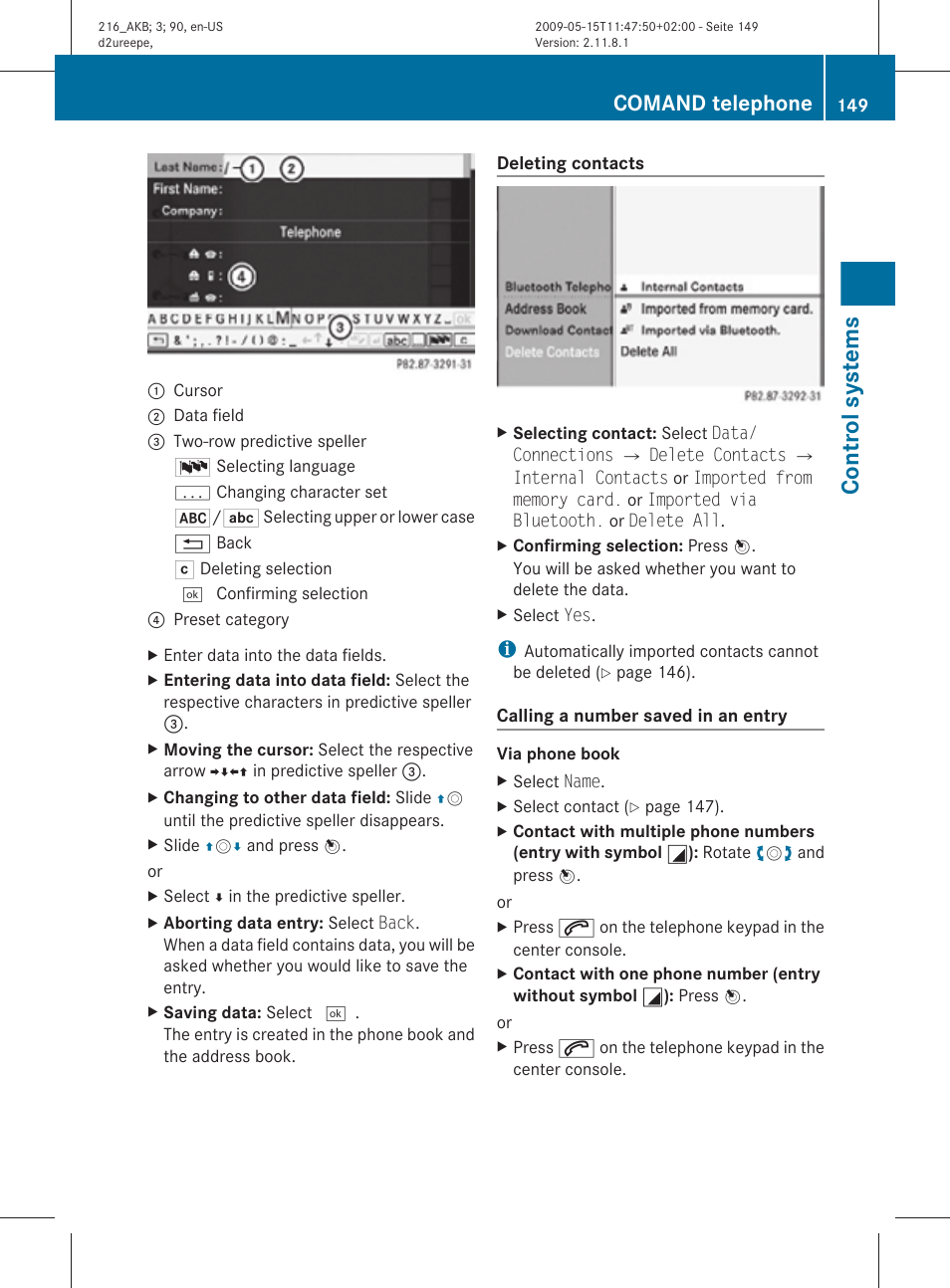 Control systems, Comand telephone | Mercedes-Benz CL-Class 2010 Owners Manual User Manual | Page 151 / 500