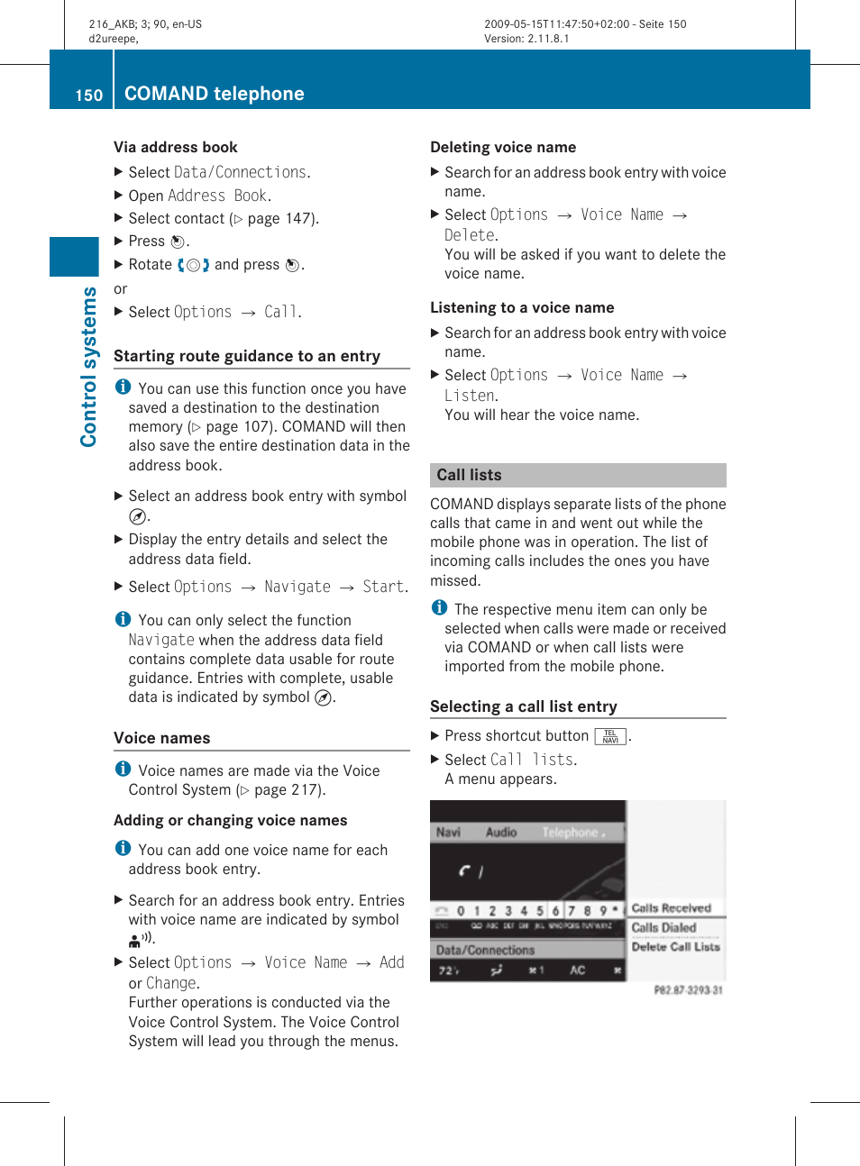 Call lists, Control systems, Comand telephone | Mercedes-Benz CL-Class 2010 Owners Manual User Manual | Page 152 / 500