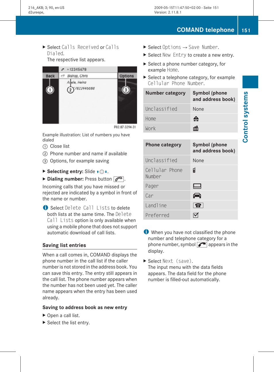 Control systems, Comand telephone | Mercedes-Benz CL-Class 2010 Owners Manual User Manual | Page 153 / 500