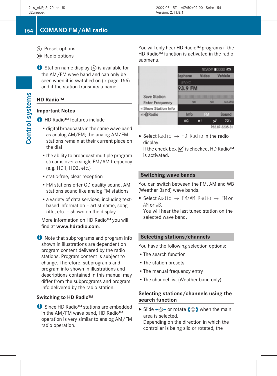 Switching wave bands, Selecting stations/channels, Control systems | Comand fm/am radio | Mercedes-Benz CL-Class 2010 Owners Manual User Manual | Page 156 / 500