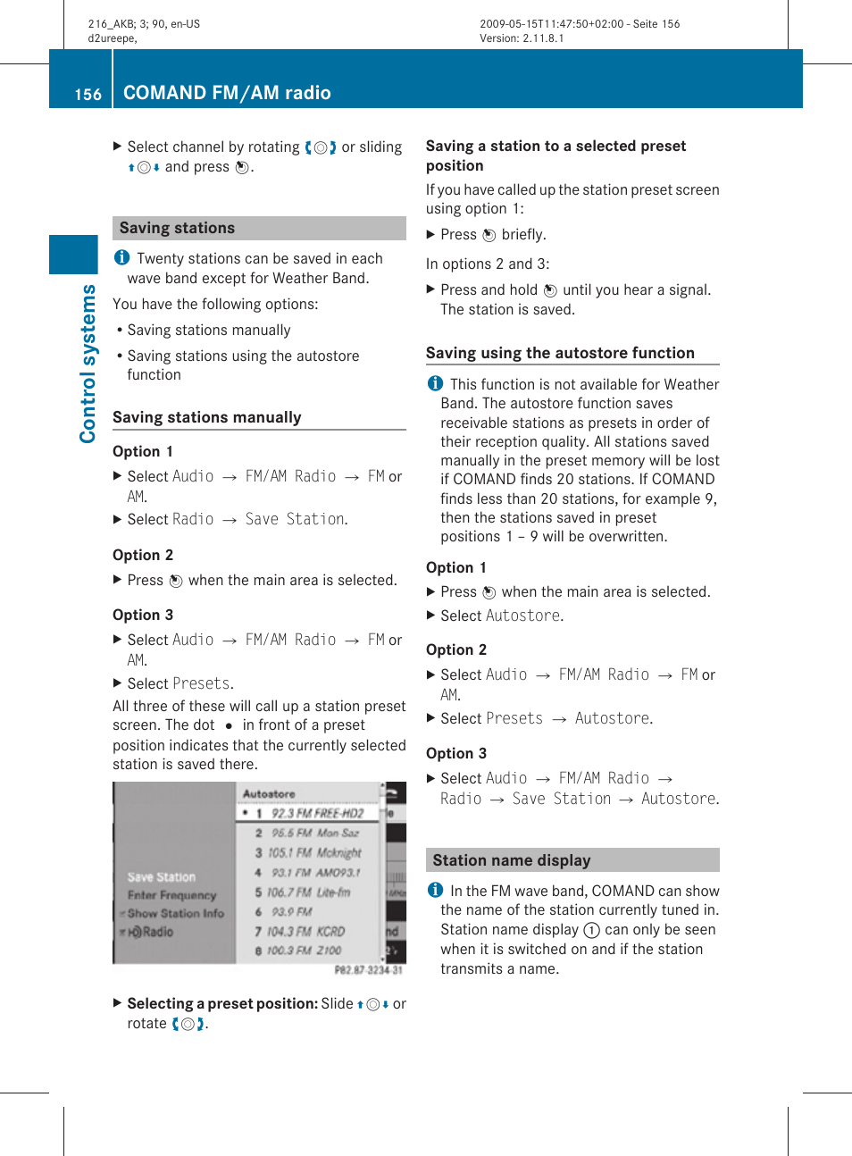 Saving stations, Station name display, Control systems | Comand fm/am radio | Mercedes-Benz CL-Class 2010 Owners Manual User Manual | Page 158 / 500