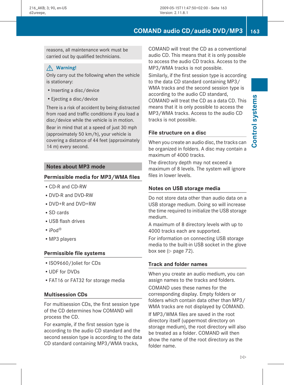 Notes about mp3 mode, Control systems, Comand audio cd/audio dvd/mp3 | Mercedes-Benz CL-Class 2010 Owners Manual User Manual | Page 165 / 500