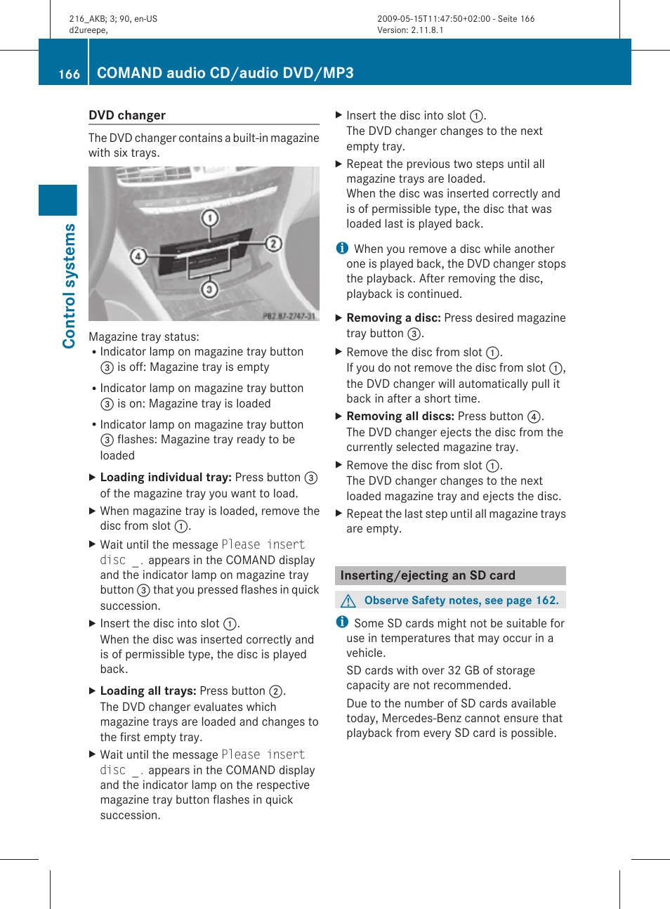 Inserting/ejecting an sd card, Card, Control systems | Comand audio cd/audio dvd/mp3 | Mercedes-Benz CL-Class 2010 Owners Manual User Manual | Page 168 / 500