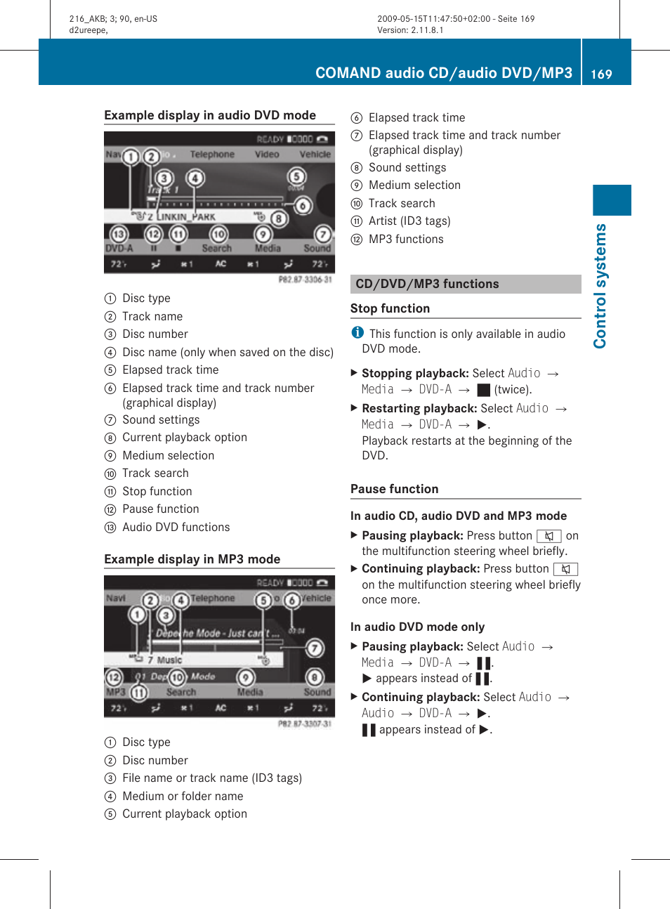 Cd/dvd/mp3 functions, Control systems, Comand audio cd/audio dvd/mp3 | Mercedes-Benz CL-Class 2010 Owners Manual User Manual | Page 171 / 500