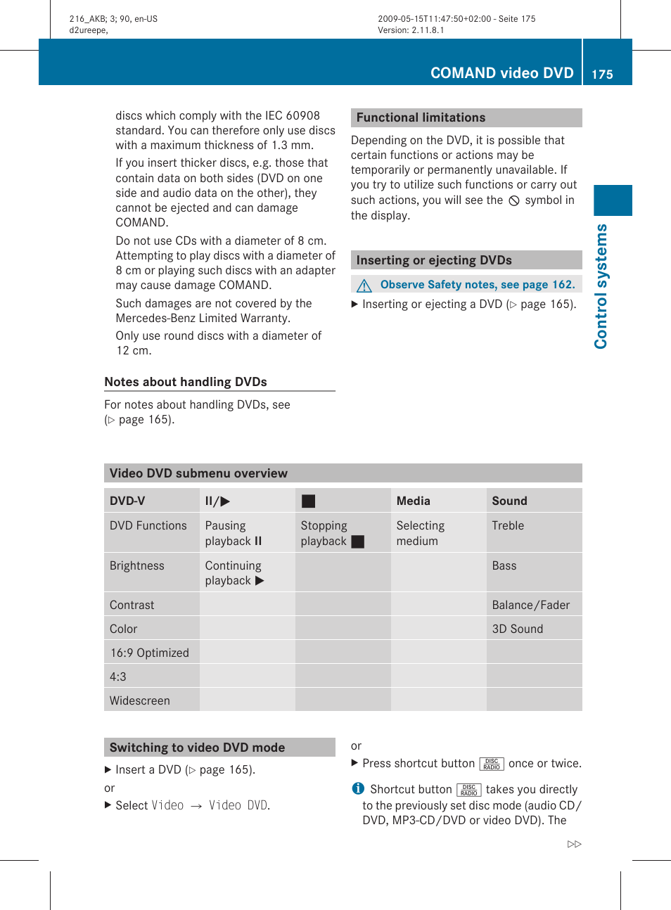 Functional limitations, Inserting or ejecting dvds, Video dvd submenu overview | Switching to video dvd mode, Control systems, Comand video dvd | Mercedes-Benz CL-Class 2010 Owners Manual User Manual | Page 177 / 500