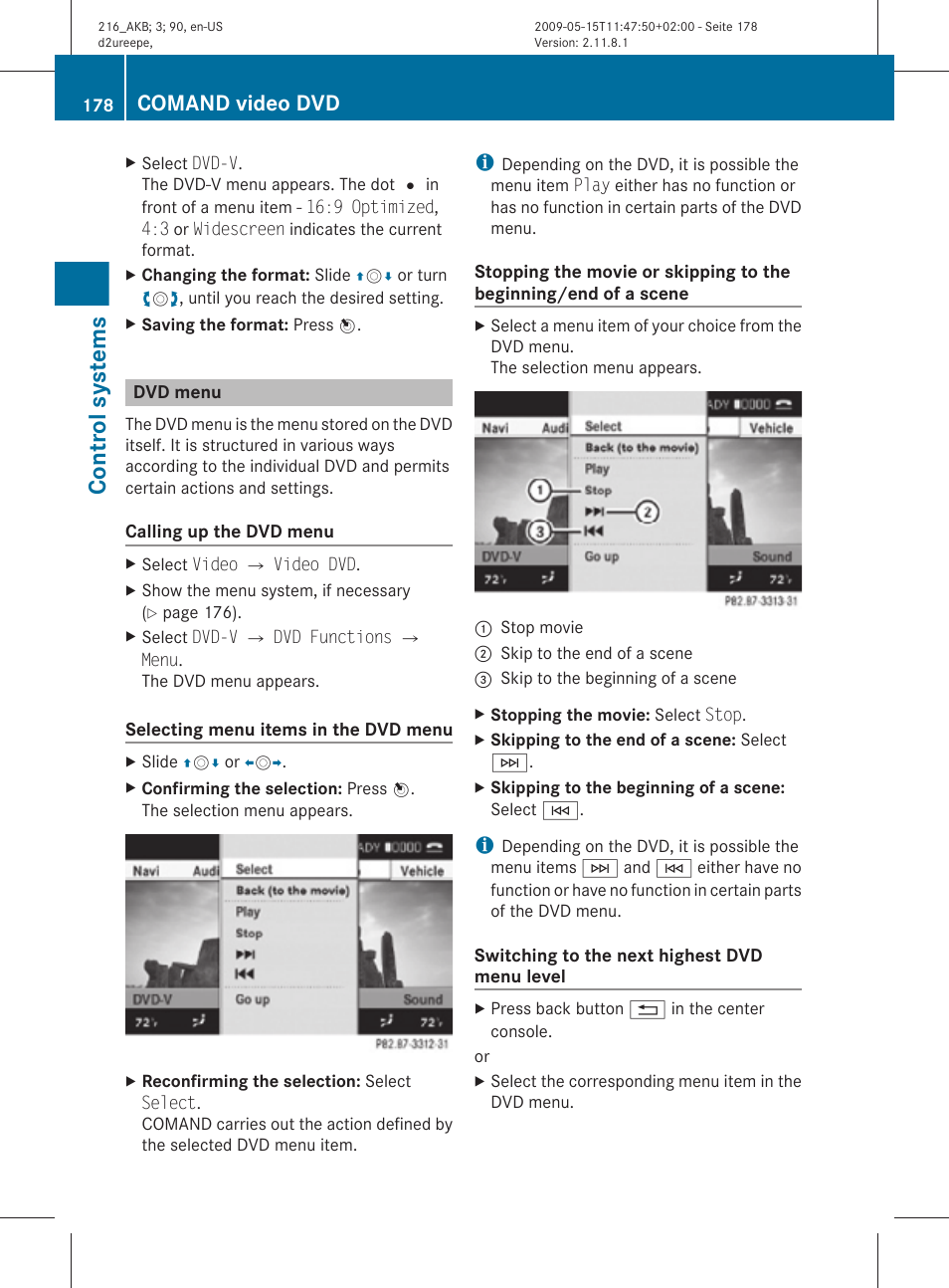 Dvd menu, Control systems, Comand video dvd | Mercedes-Benz CL-Class 2010 Owners Manual User Manual | Page 180 / 500