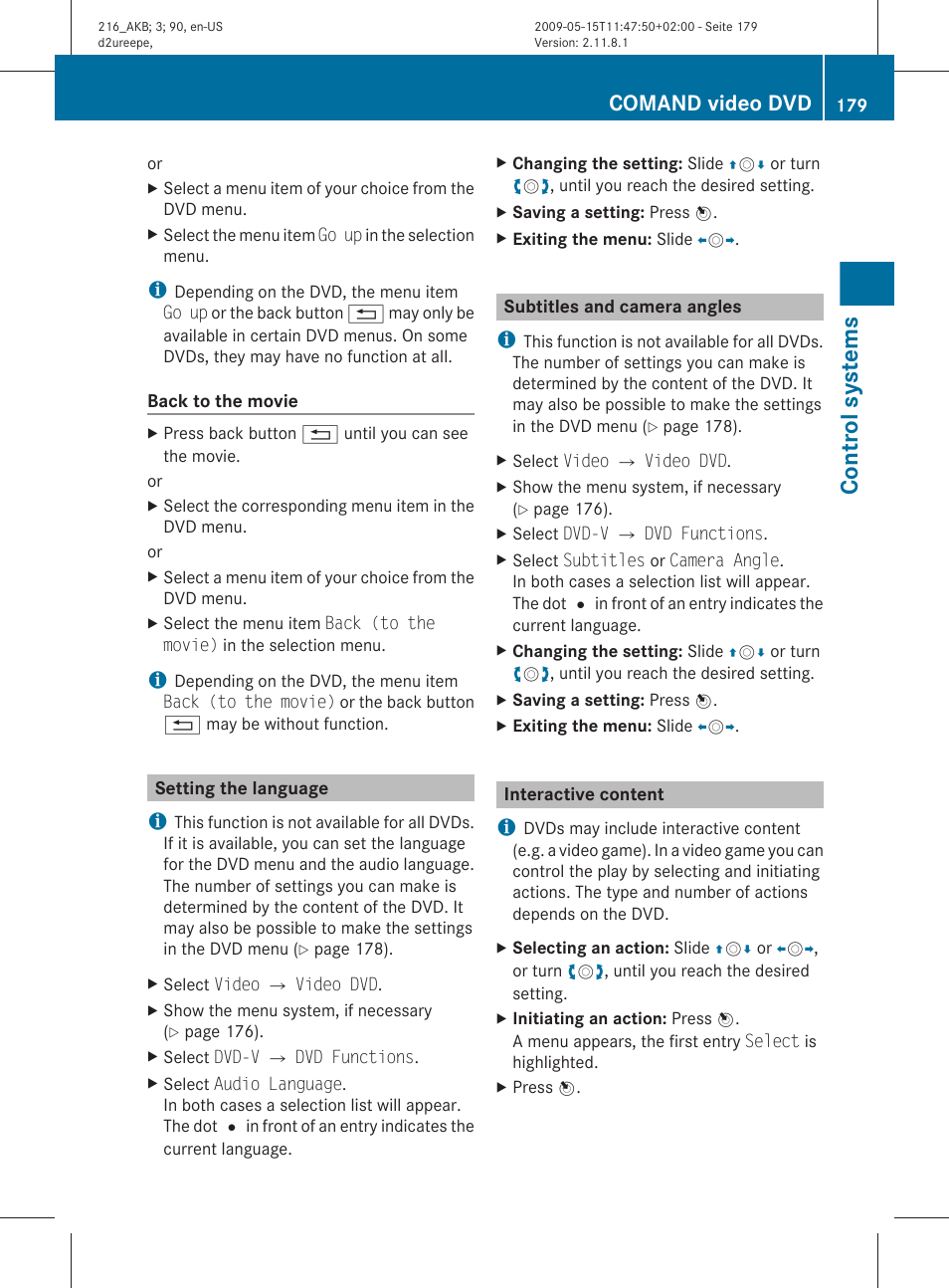 Setting the language, Subtitles and camera angles, Interactive content | Control systems, Comand video dvd | Mercedes-Benz CL-Class 2010 Owners Manual User Manual | Page 181 / 500