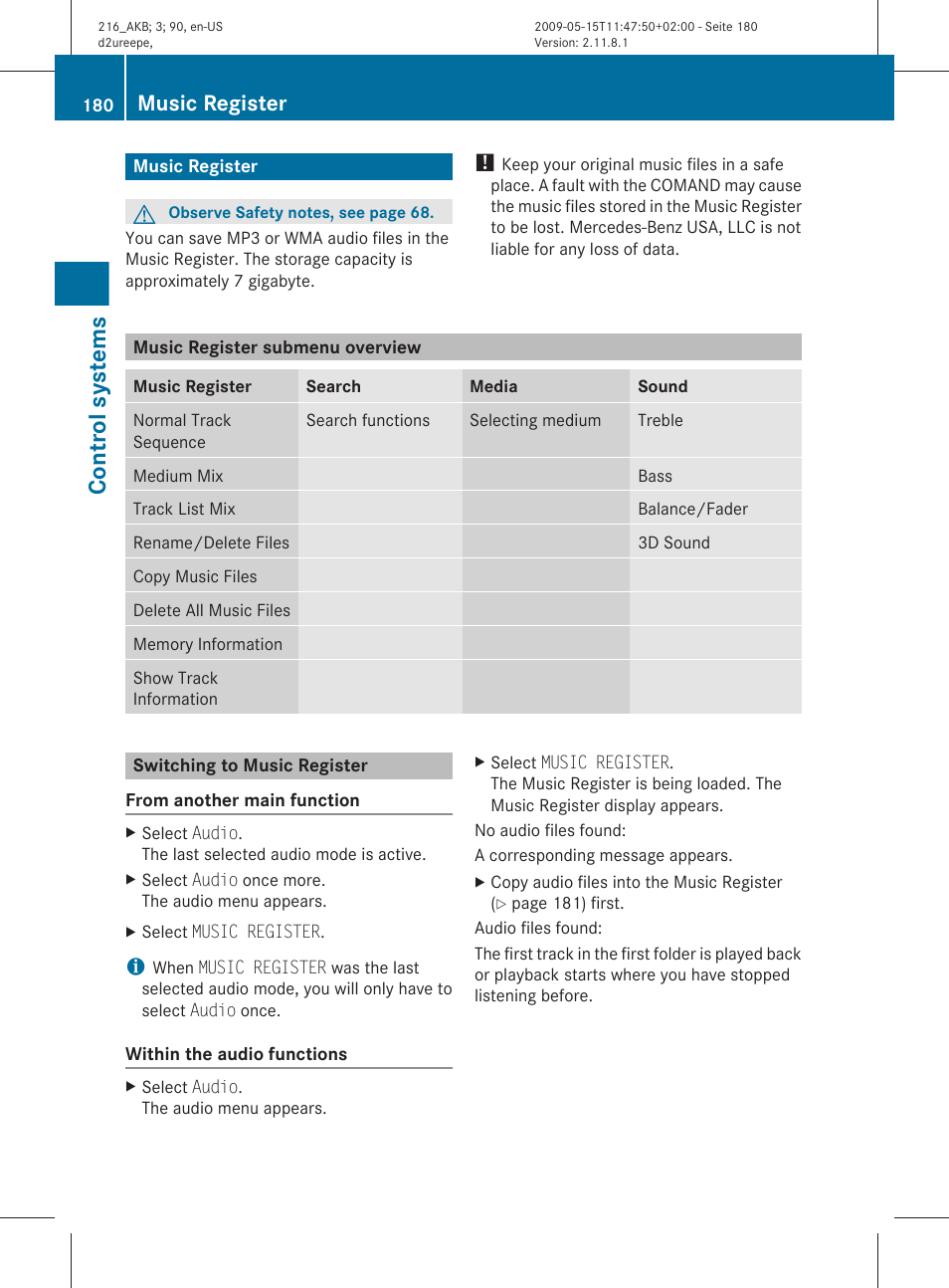 Music register, Music register submenu overview, Switching to music register | Control systems | Mercedes-Benz CL-Class 2010 Owners Manual User Manual | Page 182 / 500