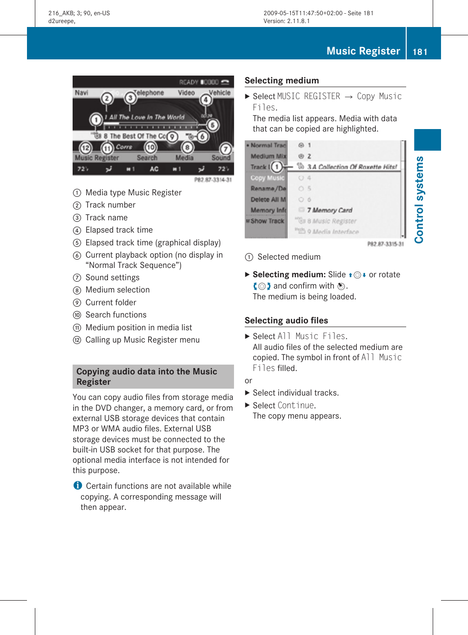 Copying audio data into the music register, Control systems, Music register | Mercedes-Benz CL-Class 2010 Owners Manual User Manual | Page 183 / 500
