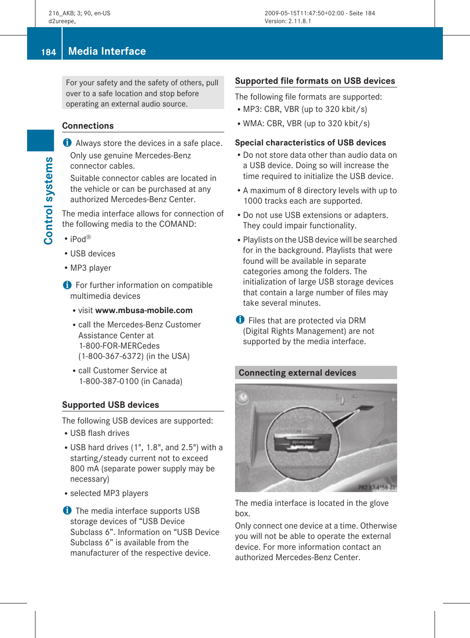 Connecting external devices, Control systems, Media interface | Mercedes-Benz CL-Class 2010 Owners Manual User Manual | Page 186 / 500