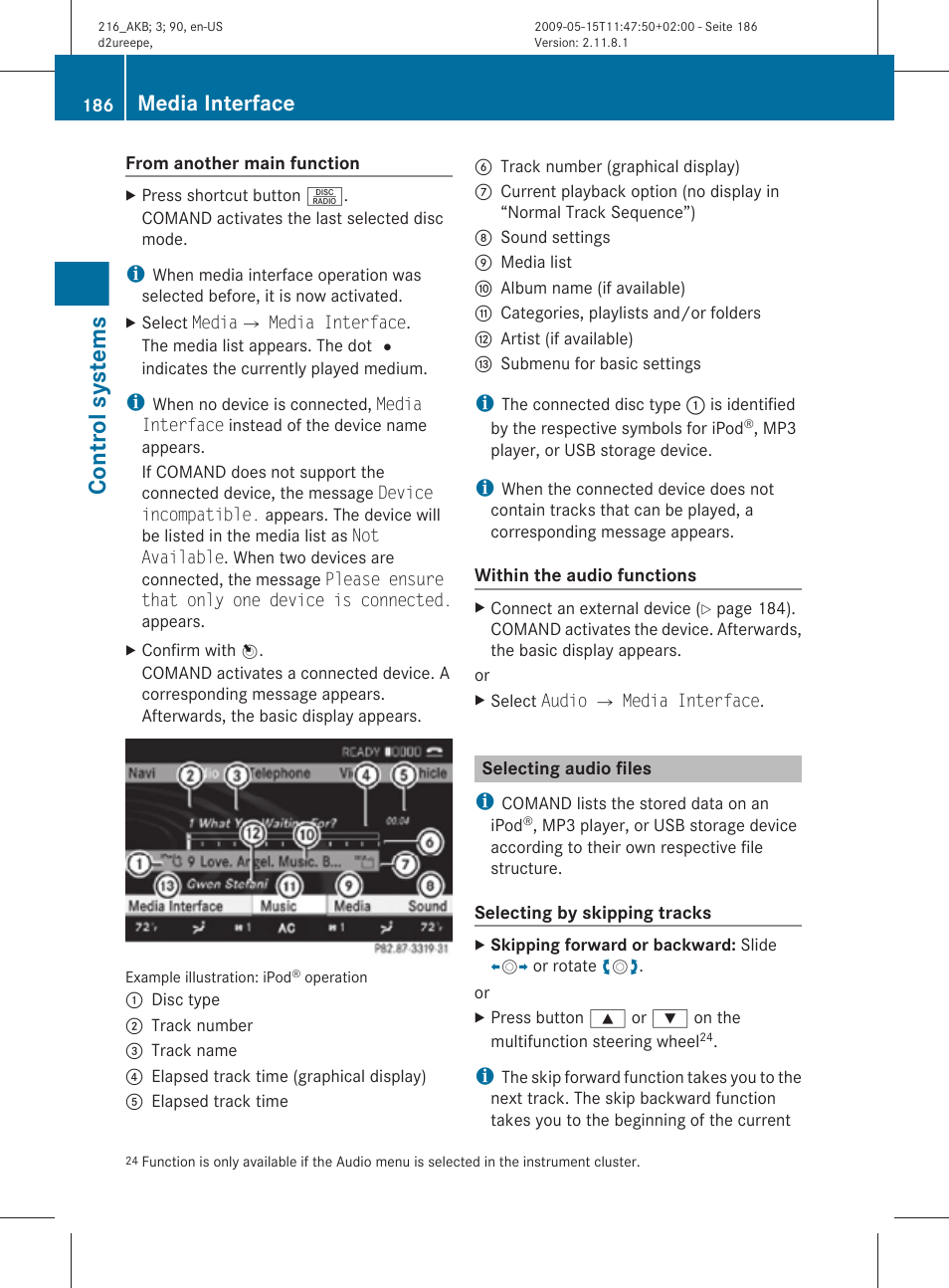 Selecting audio files, Control systems, Media interface | Mercedes-Benz CL-Class 2010 Owners Manual User Manual | Page 188 / 500