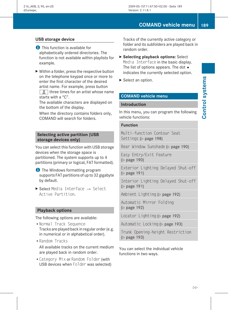 Playback options, Comand vehicle menu, Introduction | Control systems | Mercedes-Benz CL-Class 2010 Owners Manual User Manual | Page 191 / 500