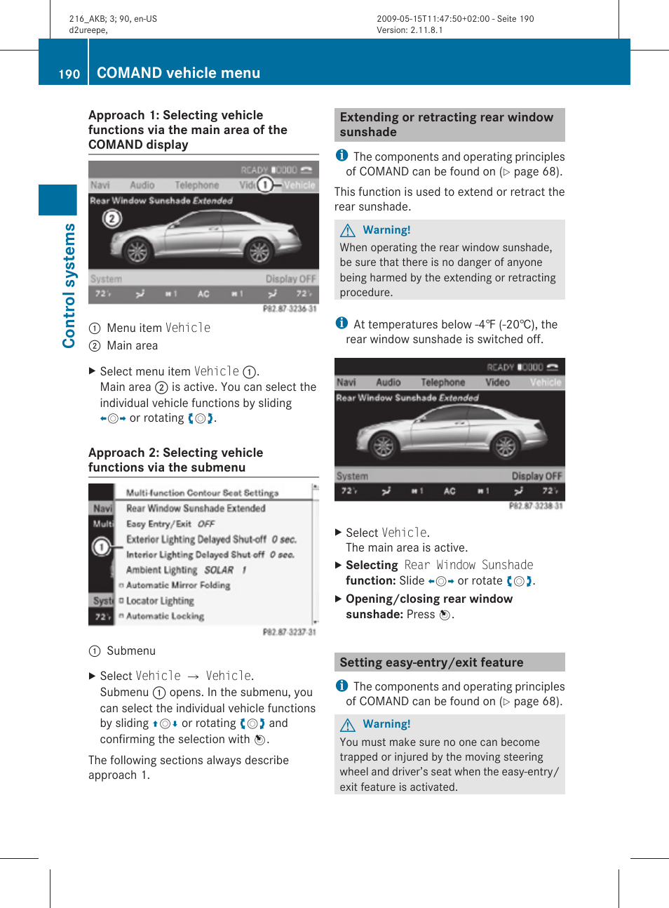 Extending or retracting rear window sunshade, Setting easy-entry/exit feature, Control systems | Comand vehicle menu | Mercedes-Benz CL-Class 2010 Owners Manual User Manual | Page 192 / 500