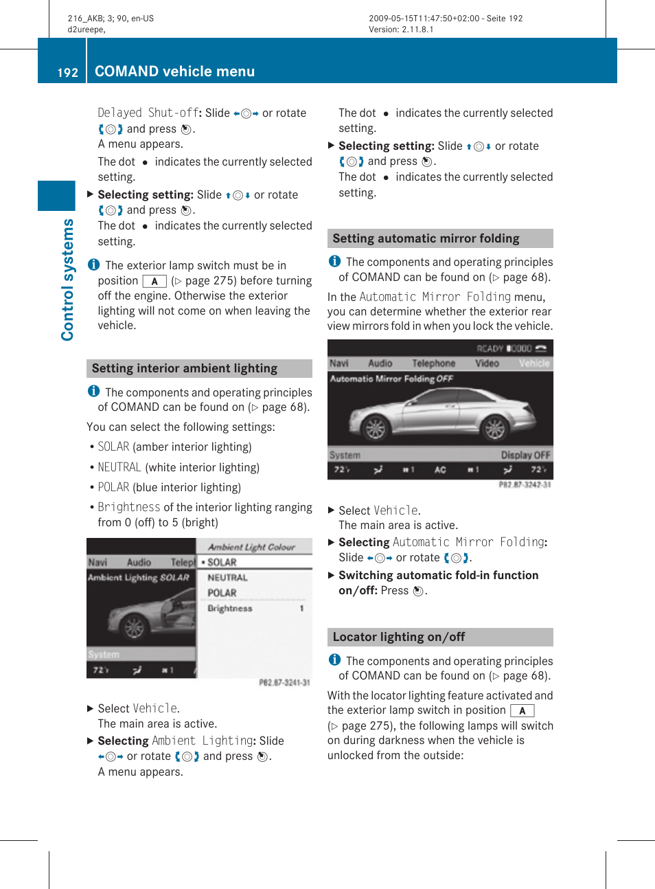 Setting interior ambient lighting, Setting automatic mirror folding, Locator lighting on/off | Control systems, Comand vehicle menu | Mercedes-Benz CL-Class 2010 Owners Manual User Manual | Page 194 / 500
