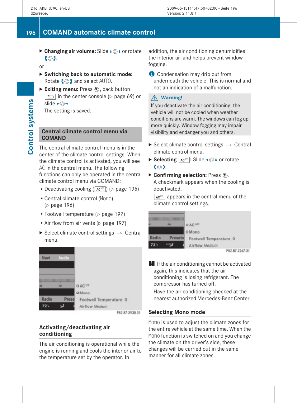 Central climate control menu via comand, Control systems, Comand automatic climate control | Mercedes-Benz CL-Class 2010 Owners Manual User Manual | Page 198 / 500