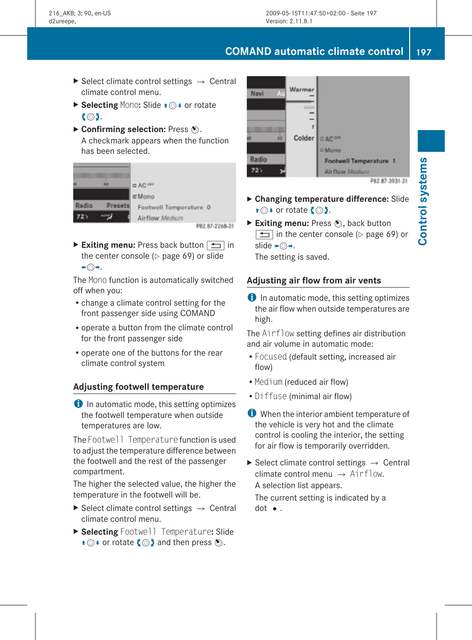 Footwell temperature, Air flow from air vents, Control systems | Comand automatic climate control | Mercedes-Benz CL-Class 2010 Owners Manual User Manual | Page 199 / 500