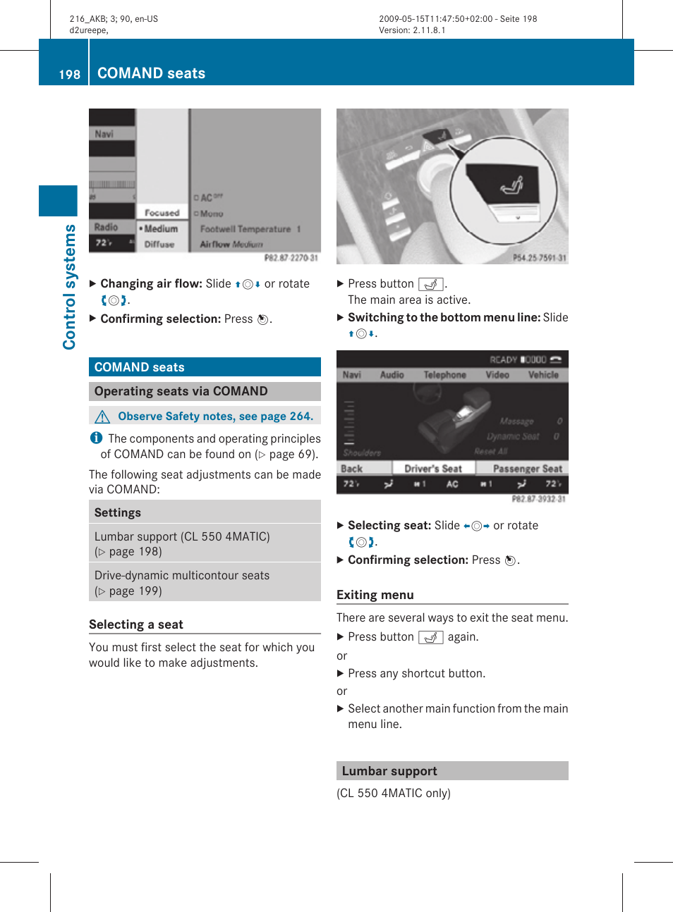 Comand seats, Operating seats via comand, Lumbar support | Control systems | Mercedes-Benz CL-Class 2010 Owners Manual User Manual | Page 200 / 500