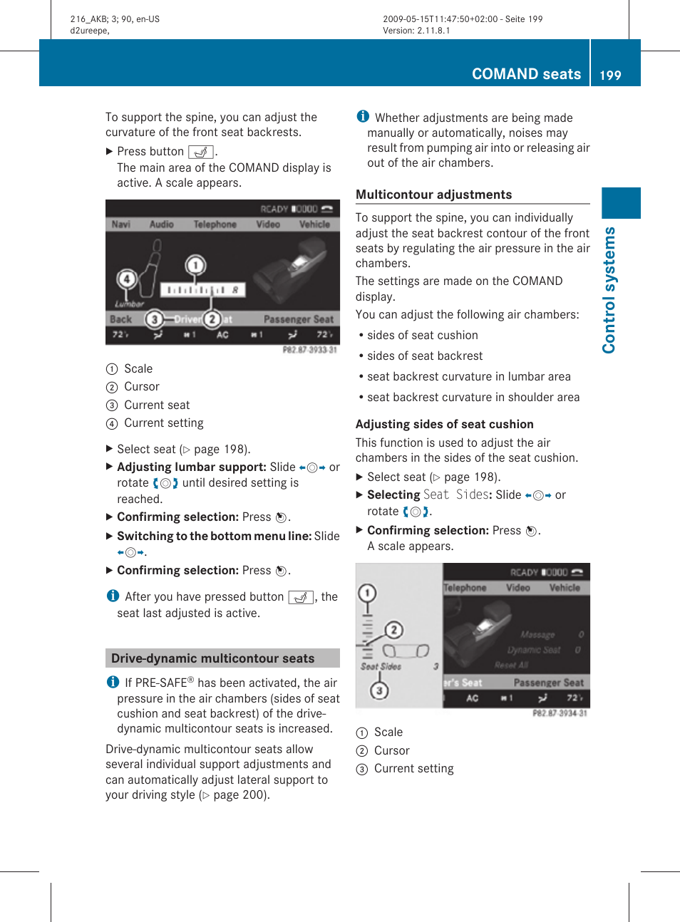 Drive-dynamic multicontour seats, Control systems, Comand seats | Mercedes-Benz CL-Class 2010 Owners Manual User Manual | Page 201 / 500