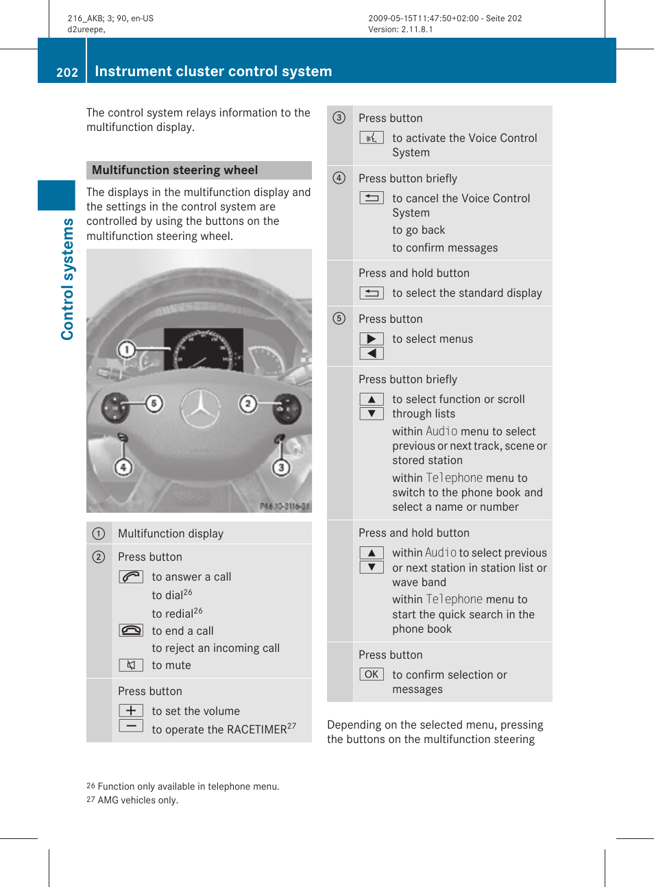 Multifunction steering wheel, Control systems, Instrument cluster control system | Mercedes-Benz CL-Class 2010 Owners Manual User Manual | Page 204 / 500