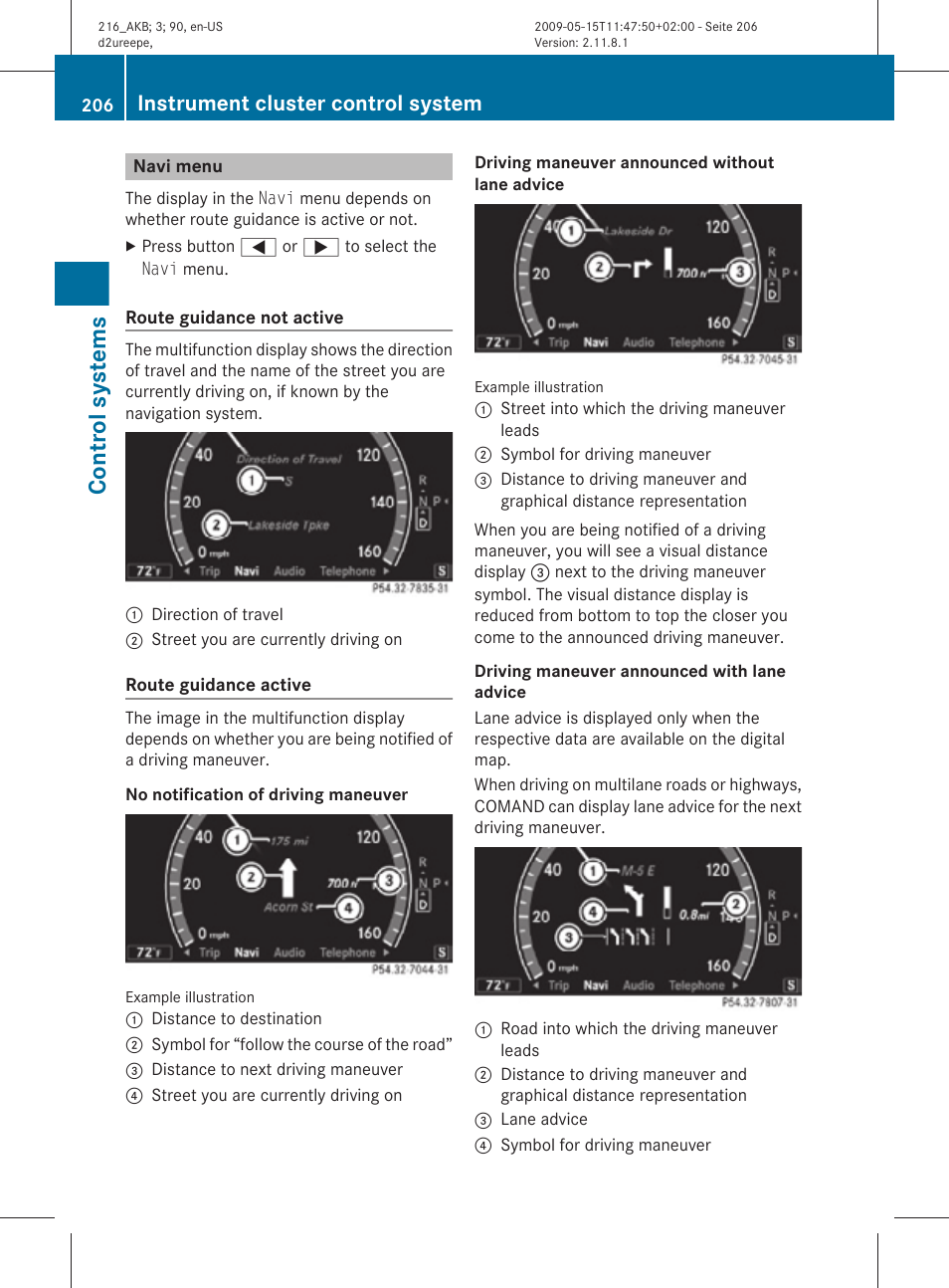 Navi menu, Menu, Control systems | Instrument cluster control system | Mercedes-Benz CL-Class 2010 Owners Manual User Manual | Page 208 / 500