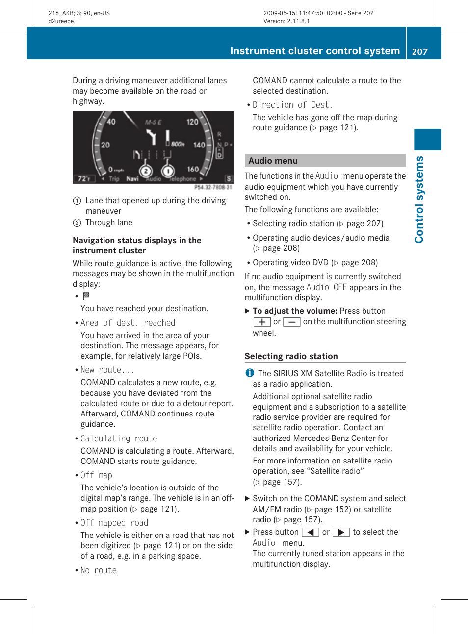 Audio menu, Menu, Control systems | Instrument cluster control system | Mercedes-Benz CL-Class 2010 Owners Manual User Manual | Page 209 / 500