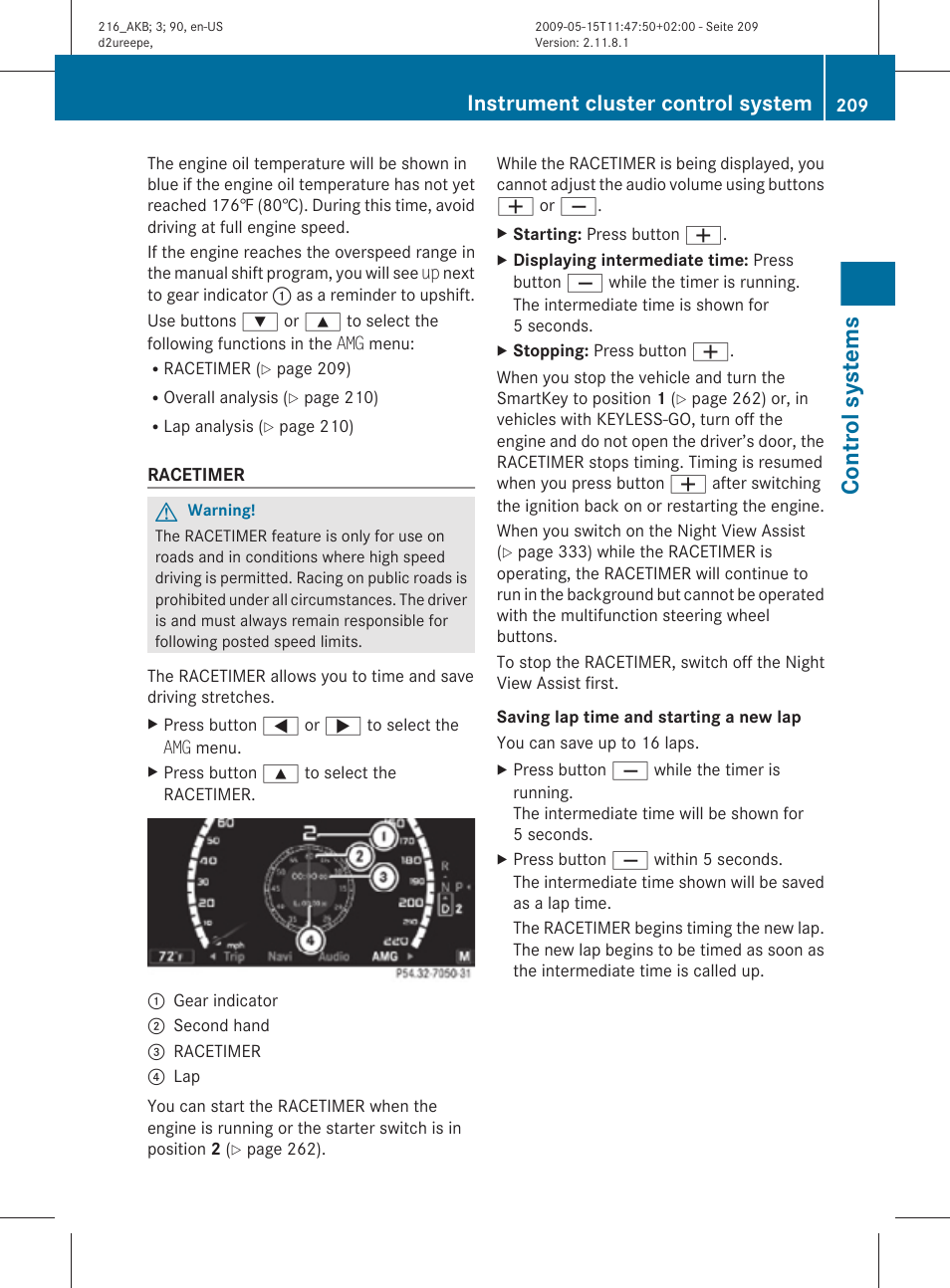 Control systems, Instrument cluster control system | Mercedes-Benz CL-Class 2010 Owners Manual User Manual | Page 211 / 500