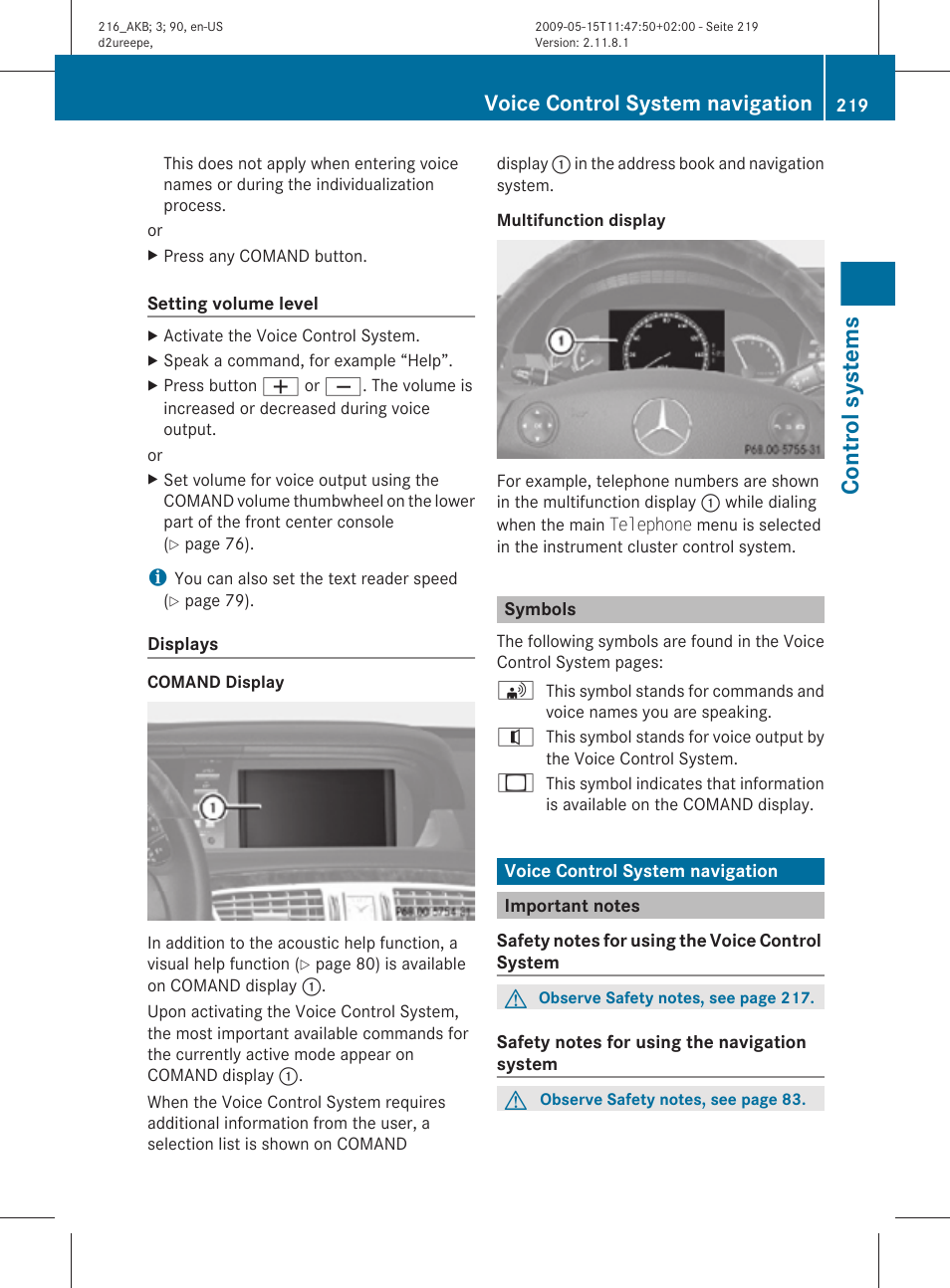 Symbols, Voice control system navigation, Important notes | Navigation, Control systems | Mercedes-Benz CL-Class 2010 Owners Manual User Manual | Page 221 / 500