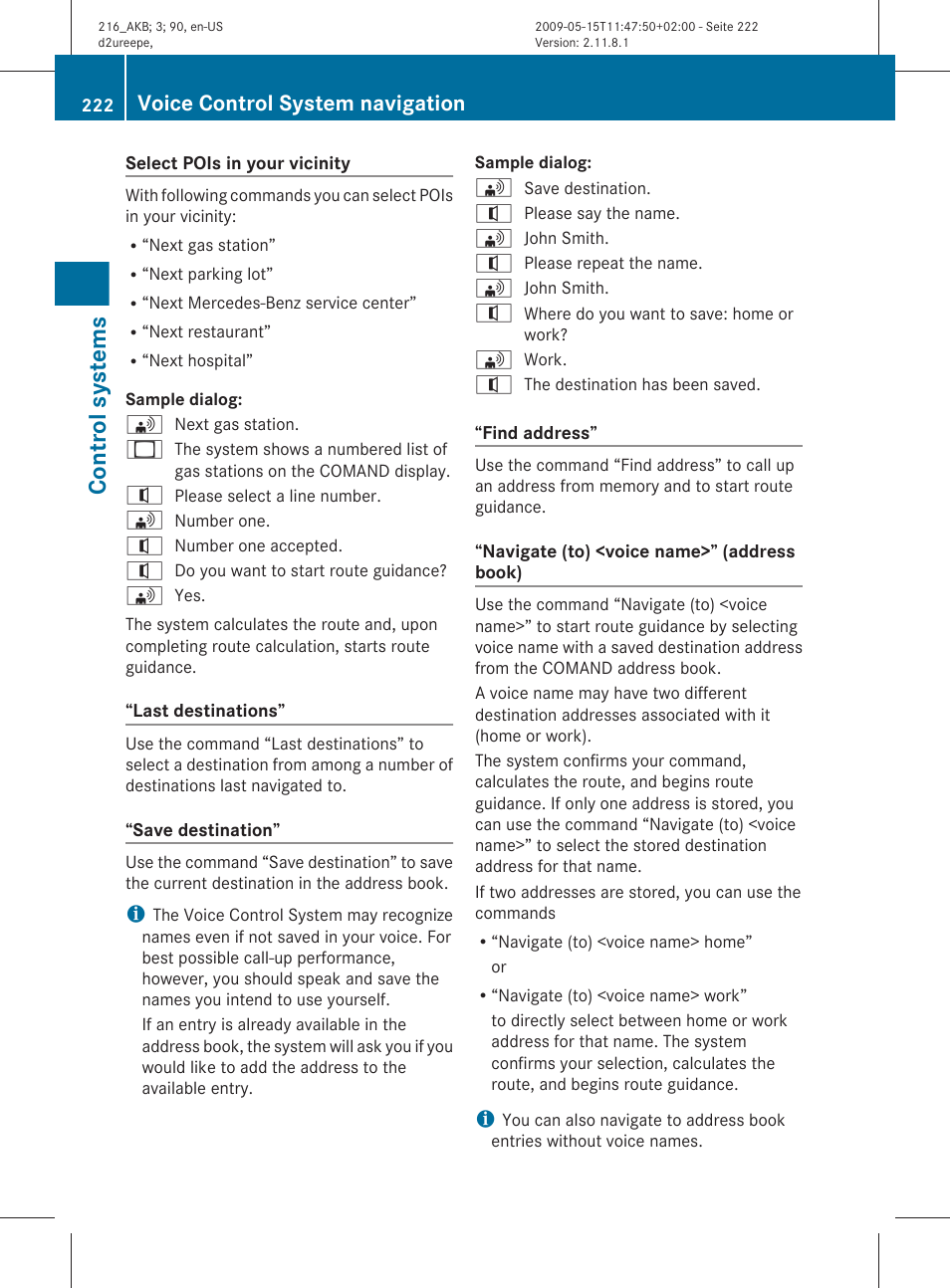 Control systems, Voice control system navigation | Mercedes-Benz CL-Class 2010 Owners Manual User Manual | Page 224 / 500