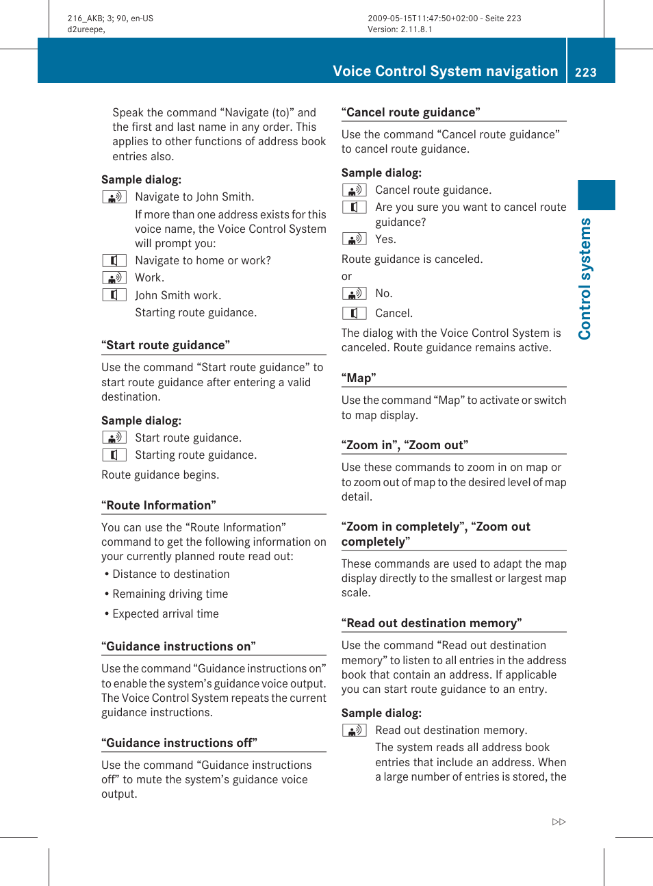Control systems, Voice control system navigation | Mercedes-Benz CL-Class 2010 Owners Manual User Manual | Page 225 / 500