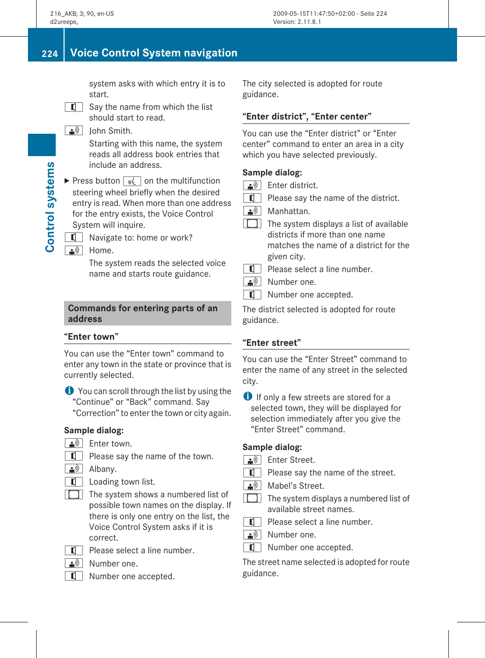 Commands for entering parts of an address, Control systems, Voice control system navigation | Mercedes-Benz CL-Class 2010 Owners Manual User Manual | Page 226 / 500