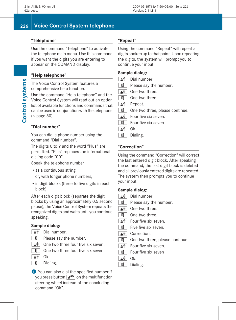 Control systems, Voice control system telephone | Mercedes-Benz CL-Class 2010 Owners Manual User Manual | Page 228 / 500