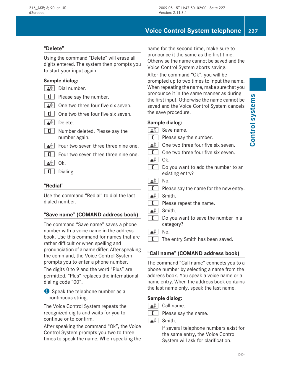 Control systems, Voice control system telephone | Mercedes-Benz CL-Class 2010 Owners Manual User Manual | Page 229 / 500