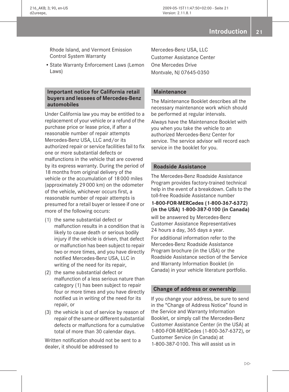 Maintenance, Roadside assistance, Change of address or ownership | Introduction | Mercedes-Benz CL-Class 2010 Owners Manual User Manual | Page 23 / 500