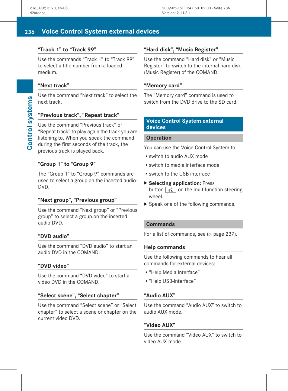 Voice control system external devices, Operation, Commands | Control systems | Mercedes-Benz CL-Class 2010 Owners Manual User Manual | Page 238 / 500