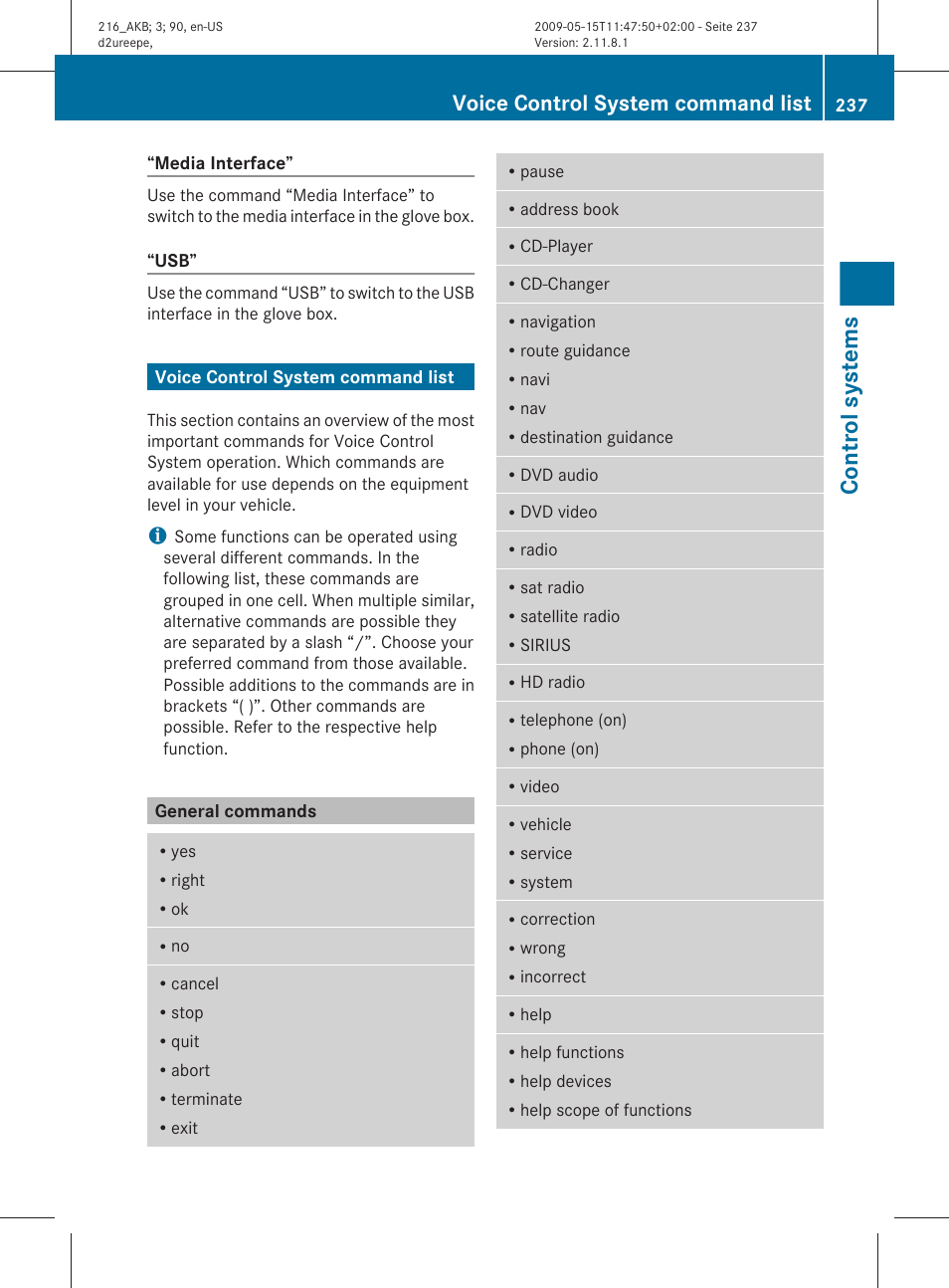 Voice control system command list, General commands, For a list of commands, see | Control systems | Mercedes-Benz CL-Class 2010 Owners Manual User Manual | Page 239 / 500