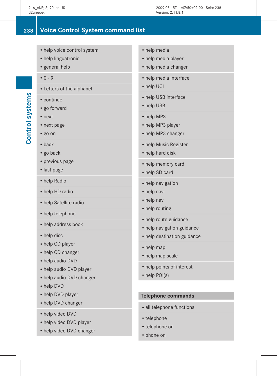 Telephone commands, Control systems, Voice control system command list | Mercedes-Benz CL-Class 2010 Owners Manual User Manual | Page 240 / 500