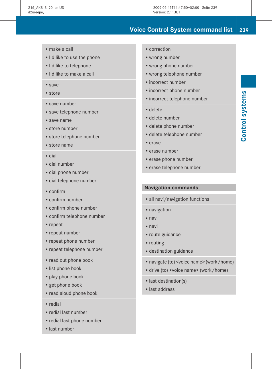 Navigation commands, Control systems, Voice control system command list | Mercedes-Benz CL-Class 2010 Owners Manual User Manual | Page 241 / 500