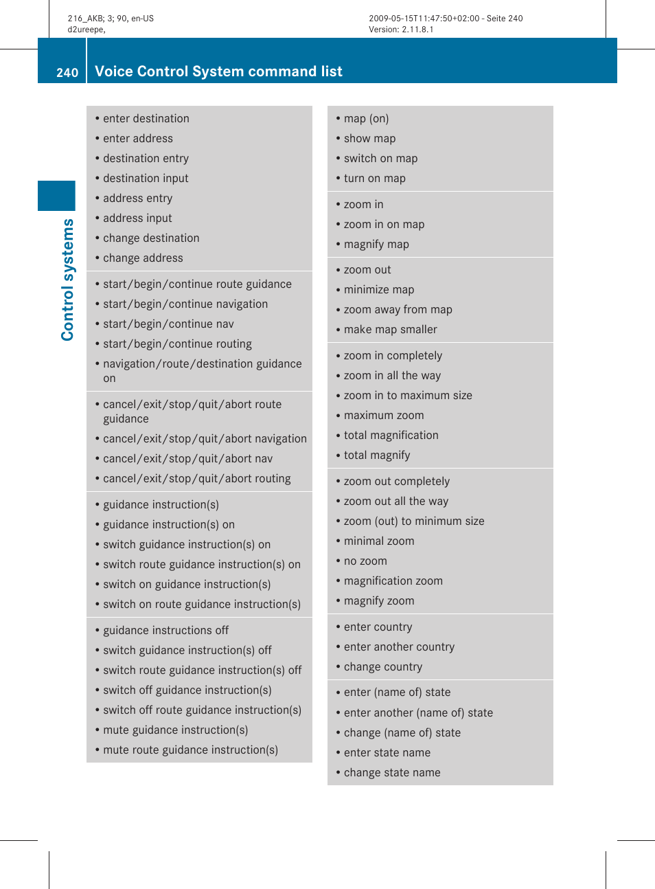 Control systems, Voice control system command list | Mercedes-Benz CL-Class 2010 Owners Manual User Manual | Page 242 / 500