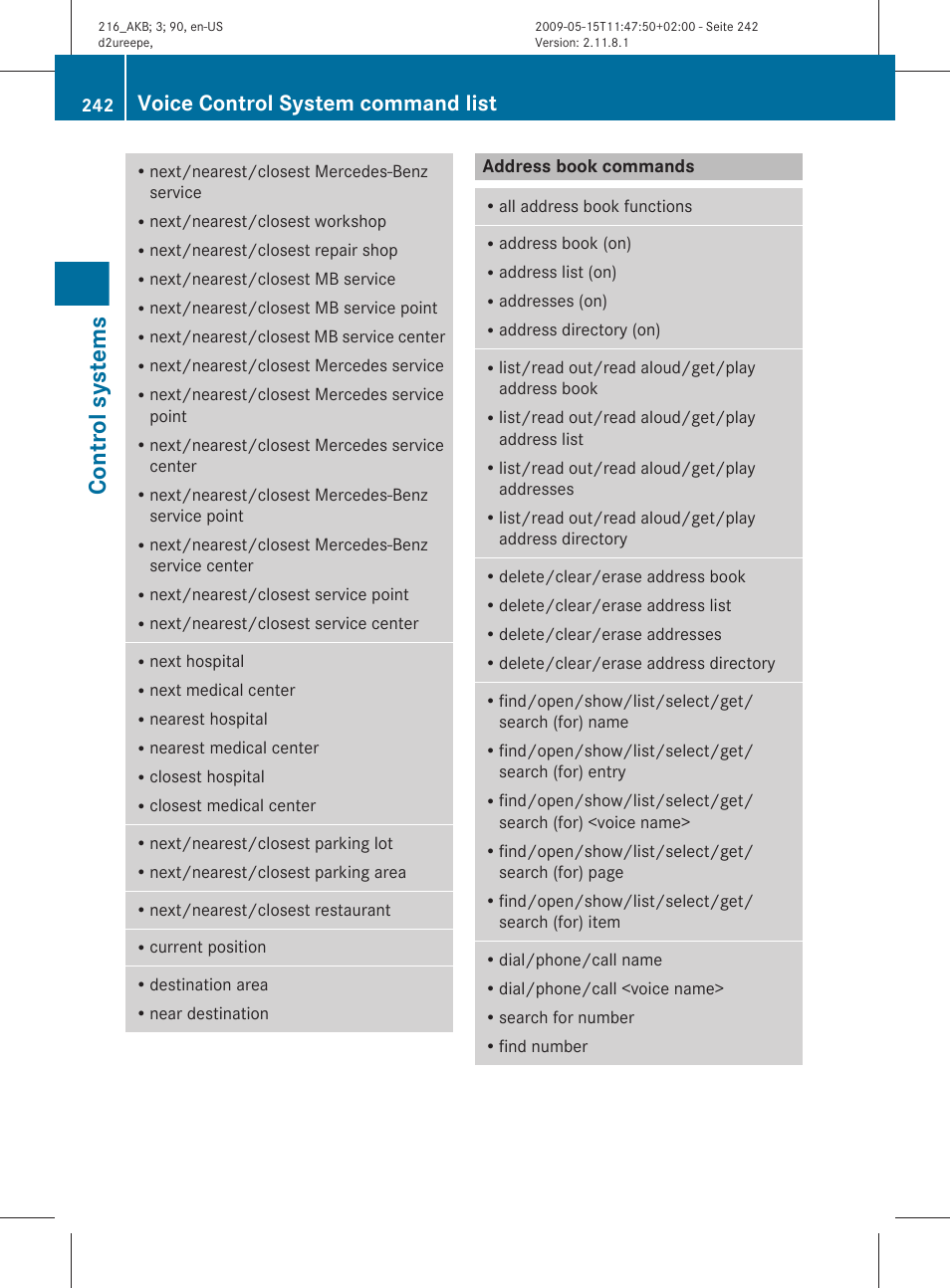 Address book commands, Control systems, Voice control system command list | Mercedes-Benz CL-Class 2010 Owners Manual User Manual | Page 244 / 500