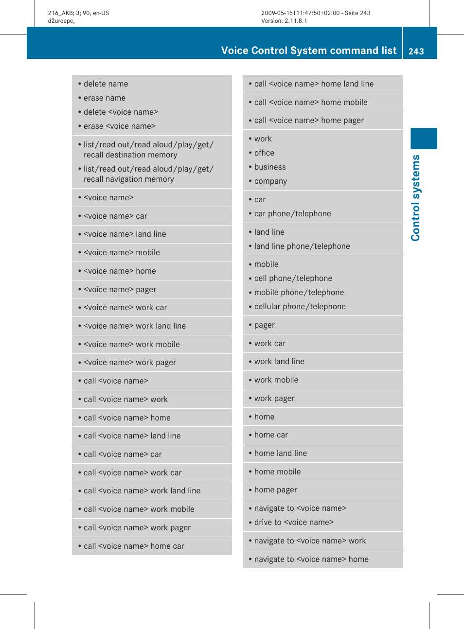 Control systems, Voice control system command list | Mercedes-Benz CL-Class 2010 Owners Manual User Manual | Page 245 / 500