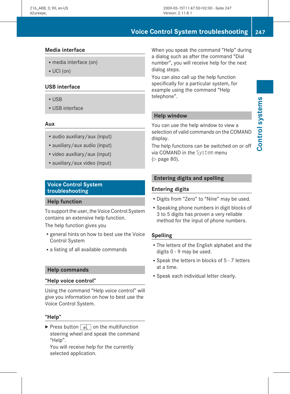 Voice control system troubleshooting, Help function, Help commands | Help window, Entering digits and spelling, Control systems | Mercedes-Benz CL-Class 2010 Owners Manual User Manual | Page 249 / 500