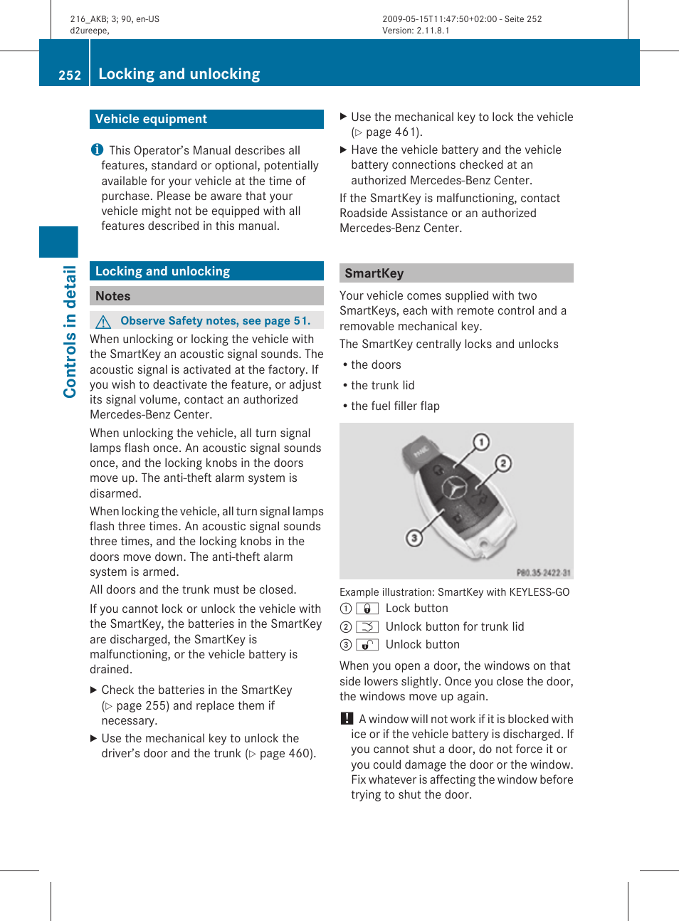Controls in detail, Vehicle equipment, Locking and unlocking | Notes, Smartkey | Mercedes-Benz CL-Class 2010 Owners Manual User Manual | Page 254 / 500