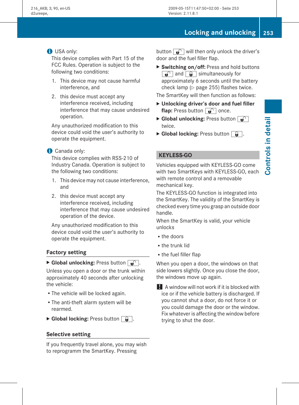 Keyless-go, Controls in detail, Locking and unlocking | Mercedes-Benz CL-Class 2010 Owners Manual User Manual | Page 255 / 500