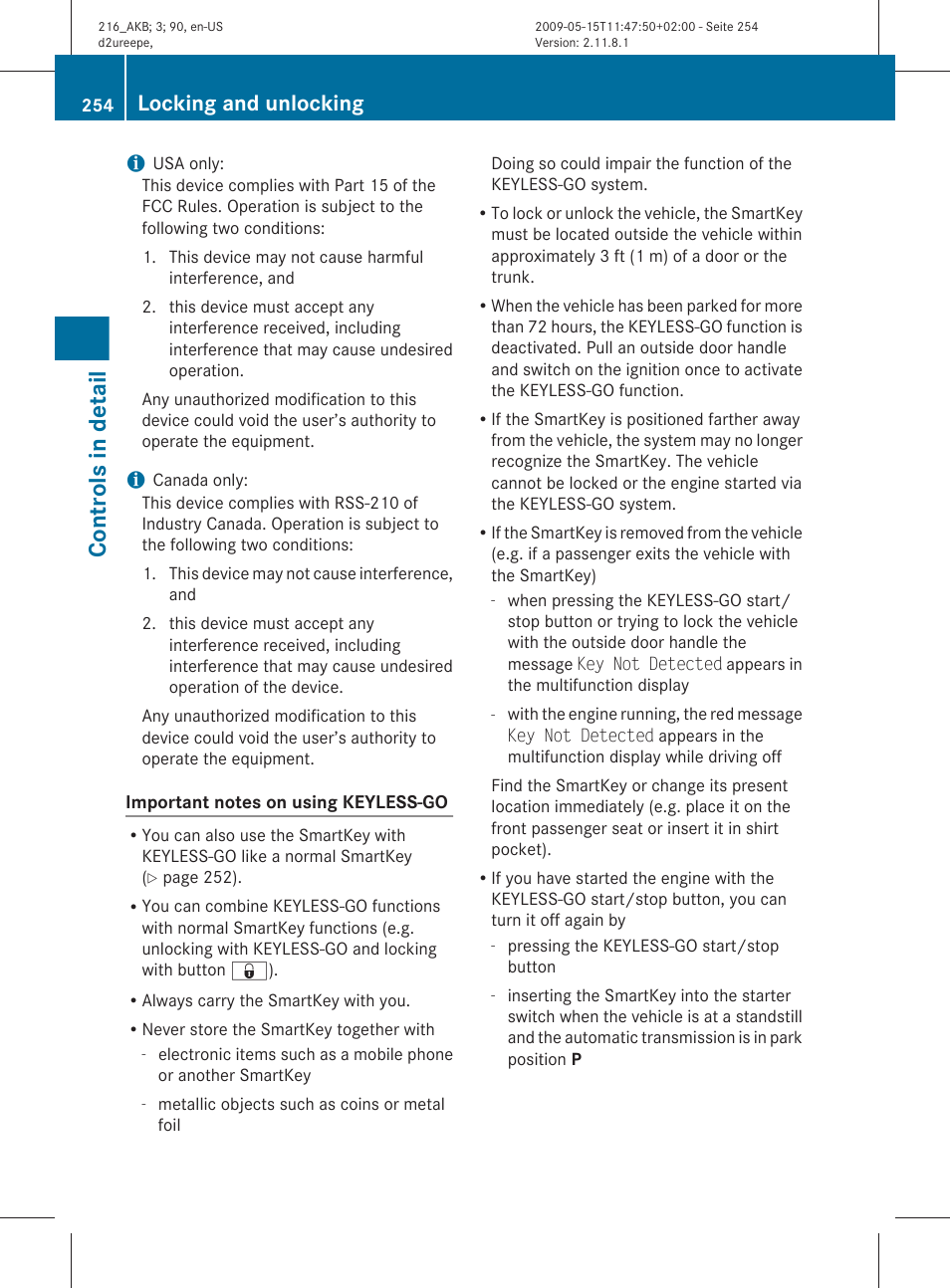 Controls in detail, Locking and unlocking | Mercedes-Benz CL-Class 2010 Owners Manual User Manual | Page 256 / 500